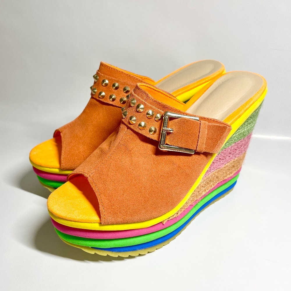 NEW Neon Rainbow Peep Toe Platform Espadrille Orange Suede Sandals Wedge Size 39